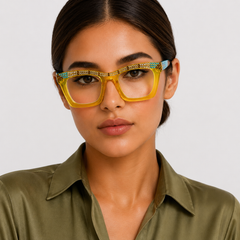 Woman wearing a pair of Swarovski crystal yellow glasses with decorative embellishments on a plain background