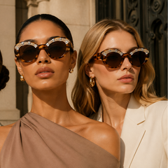Three women wearing stylish crystal acetate sunglasses in front of a building.