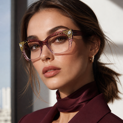 Woman wearing stylish crystal embellished glasses with a blurred outdoor background