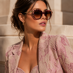 Woman wearing Jimmy Crystal New York GL1871 stylish cat eye purple sunglasses embellished with Swarovski crystals