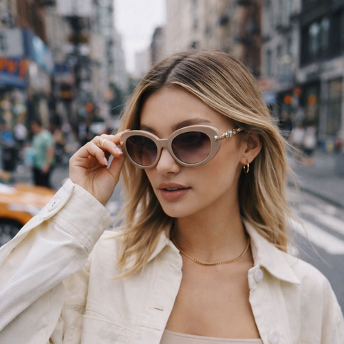 Woman wearing beige small cateye sunglasses in an urban setting