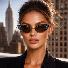 Woman wearing 80's retro vintage sunglasses with crystal embellishement
