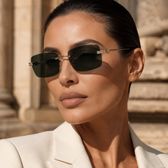 A close-up of a woman wearing slim rectangular sunglasses with dark lenses and gold metal frames, styled with a white blazer against a warm, blurred stone architectural background.