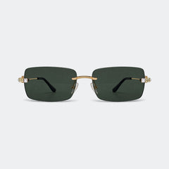 Rimless square sunglasses with dark green lenses, a gold metal bridge, and decorative crystal embellishments on the temples, shown against a light gray background.