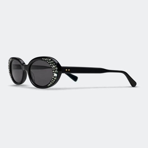Black oval small sunglasses with a white background