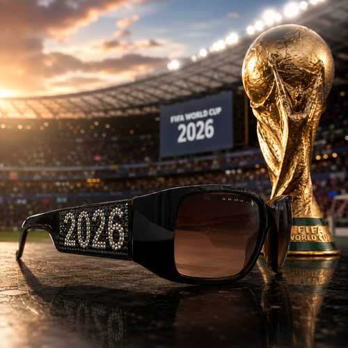 Sunglasses with '2026' CRYSTAL design and FIFA World Cup trophy in front of a stadium with 'FIFA World Cup 2026' sign.