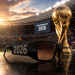 Sunglasses with '2026' CRYSTAL design and FIFA World Cup trophy in front of a stadium with 'FIFA World Cup 2026' sign.