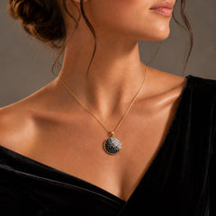 Model wearing IRIS NJ038 black and white ombre crystal pendant necklace