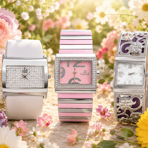 Three JIMMY CRYSTAL NEW YORK SWAROVSKI CRYSTAL decorative watches on a floral background, SPECIAL PRICE 3 FOR $35