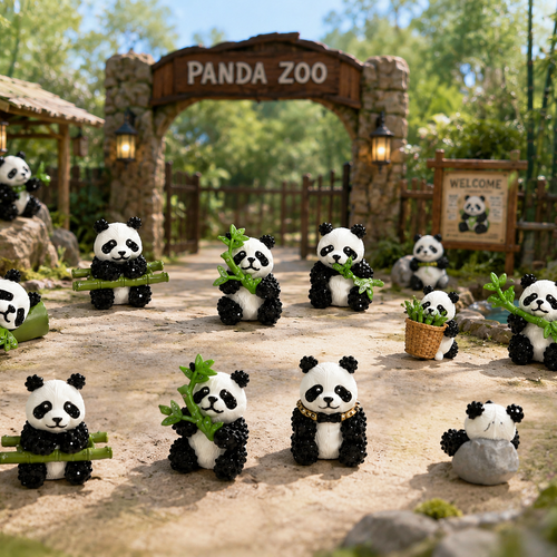 A collection of small panda figurines posed in front of a miniature 'Panda Zoo' entrance. The figurines are Swarovski embellished mini panda figures, with some holding bamboo stalks.